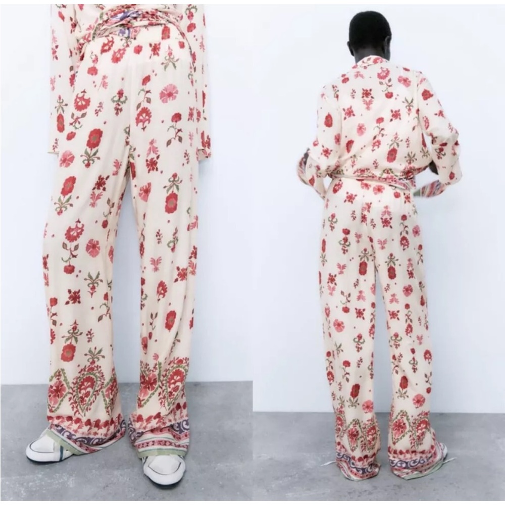 NWT! ZARA Palazzo Pajama Style Paisley Pull On Pants Cream Red - Size XS